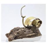 Very Cute Vintage Brass Snail Sculpture on Natural Wood Base