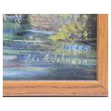 Very Nice Vintage Framed Signed Original Oil on Canvas Farm Scene w/Horses - Signed Ada Johnson