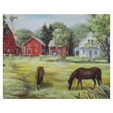 Very Nice Vintage Framed Signed Original Oil on Canvas Farm Scene w/Horses - Signed Ada Johnson