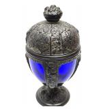 Beautiful Old Vintage Signed PNCW Cobalt Blue Glass & Ornate Cast Metal Jar