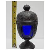 Beautiful Old Vintage Signed PNCW Cobalt Blue Glass & Ornate Cast Metal Jar