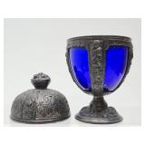Beautiful Old Vintage Signed PNCW Cobalt Blue Glass & Ornate Cast Metal Jar