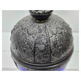 Beautiful Old Vintage Signed PNCW Cobalt Blue Glass & Ornate Cast Metal Jar
