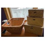 Natural Woven Rattan Storage Baskets - Set of 4: 1 Large Open & 3 Lidded