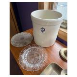 White Ceramic Crock, Glass Plate & stand & Wire Basket, Vintage Kitchenware