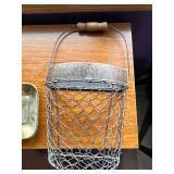 White Ceramic Crock, Glass Plate & stand & Wire Basket, Vintage Kitchenware