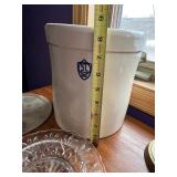 White Ceramic Crock, Glass Plate & stand & Wire Basket, Vintage Kitchenware