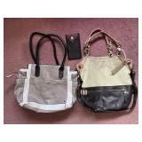 Two-Tone Leather Handbag Set with Wallet & Cardholder - Beige/Tan & Gray