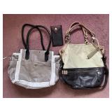 Two-Tone Leather Handbag Set with Wallet & Cardholder - Beige/Tan & Gray