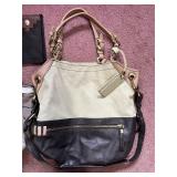 Two-Tone Leather Handbag Set with Wallet & Cardholder - Beige/Tan & Gray