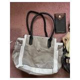 Two-Tone Leather Handbag Set with Wallet & Cardholder - Beige/Tan & Gray