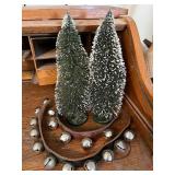 Snow-Dusted Bottle Brush Christmas Trees - Set of 2, Green with Snow Tips and Jingle Bells on Leather strip