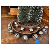 Snow-Dusted Bottle Brush Christmas Trees - Set of 2, Green with Snow Tips and Jingle Bells on Leather strip