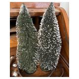 Snow-Dusted Bottle Brush Christmas Trees - Set of 2, Green with Snow Tips and Jingle Bells on Leather strip