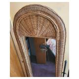 Arched Wicker Floor Mirror - Wrought Iron Scroll Stand