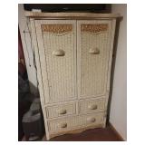 Beige Wicker Armoire Cabinet - 2 Doors, 4 Drawers, Carved Floral Panels