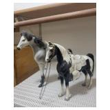 Pair of Saddled Horse Figurines - Grey and Black/White Pinto with Ornate Saddles