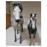 Pair of Saddled Horse Figurines - Grey and Black/White Pinto with Ornate Saddles