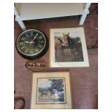 Horse Artwork Set - 4 Framed Prints & Round Clock