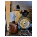 Vintage Ornate Clock With Pineapple Finial & Brown Ceramic Lidded Jar