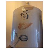 Stoneware Jug Cream Glaze with Wing Motif & Blue Oval Stamp - Vintage Ceramic Decor