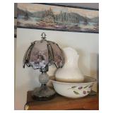 Vintage Native American Motif Glass-Panel Table Lamp and water basin