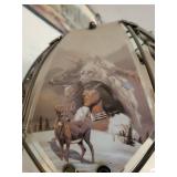 Vintage Native American Motif Glass-Panel Table Lamp and water basin