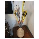 Arrows in Wicker Vase - Archery Arrow Display with Yellow Fletching