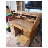 Oak Roll-Top Desk with Hutch & Side Pedestals - Vintage Wood Office