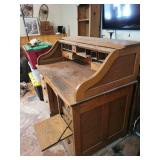 Oak Roll-Top Desk with Hutch & Side Pedestals - Vintage Wood Office