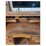 Oak Roll-Top Desk with Hutch & Side Pedestals - Vintage Wood Office