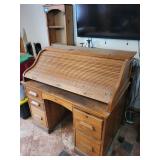 Oak Roll-Top Desk with Hutch & Side Pedestals - Vintage Wood Office