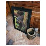 Bear Framed Print - Bear Family Scene & Carved Bear Statue w/ Log