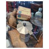 Stetson Cigar Boxes & Vintage Moka Pot with Glass Bottles & Enamel Pitcher