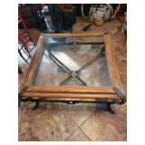 Coffee Table - Glass Top, Wood Frame with Iron Base