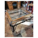 Coffee Table - Glass Top, Wood Frame with Iron Base