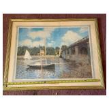 River Scene Framed Art Print - Sailboat & Bridge Landscape
