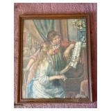 Framed Painting - Two Girls at Piano, Music Lesson Scene