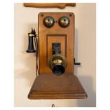 The Country Bell Vintage Wall-Mount Telephone with Dual Brass Bells and Wood Backboard