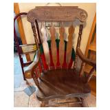 Antique Carved Wood Rocking Chair - Floral Crest Back, 5 Spindles