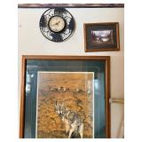 Rustic Wildlife Wall Clock with Silhouette Rim - 2 Framed Nature Prints (3-Piece Wall Decor Set)