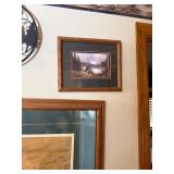 Rustic Wildlife Wall Clock with Silhouette Rim - 2 Framed Nature Prints (3-Piece Wall Decor Set)