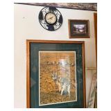 Rustic Wildlife Wall Clock with Silhouette Rim - 2 Framed Nature Prints (3-Piece Wall Decor Set)