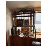 Three-Tier Vintage Display Shelf with Wolf Portrait, Oil Lantern & Small Decor