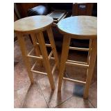Stools - Natural Wood Round-Seat Bar/Counter Stools with Ladder Footrests (Pair)