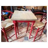 Red Painted Table with 4 Woven Seat Stools - Kitchen Set