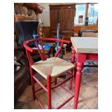 Red Painted Table with 4 Woven Seat Stools - Kitchen Set