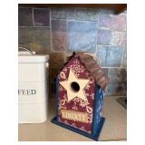 Bird Feed Tin & 2 Decorative Bird Houses - White Farmhouse & Liberty Star
