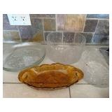 Amber Glass Serving Dish, Clear Embossed Bowls and Two Plates - 5Piece Set