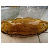 Amber Glass Serving Dish, Clear Embossed Bowls and Two Plates - 5Piece Set